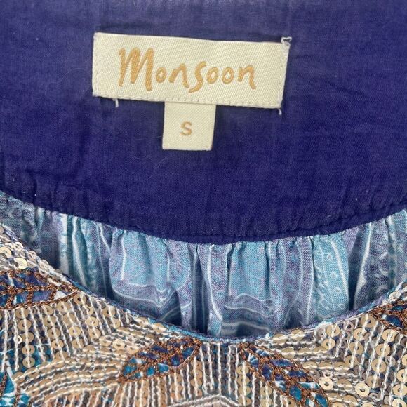 Monsoon Womens Blue Sleeveless Geometric Ruffled Dress Embellished Sequins Small - Picture 3 of 6